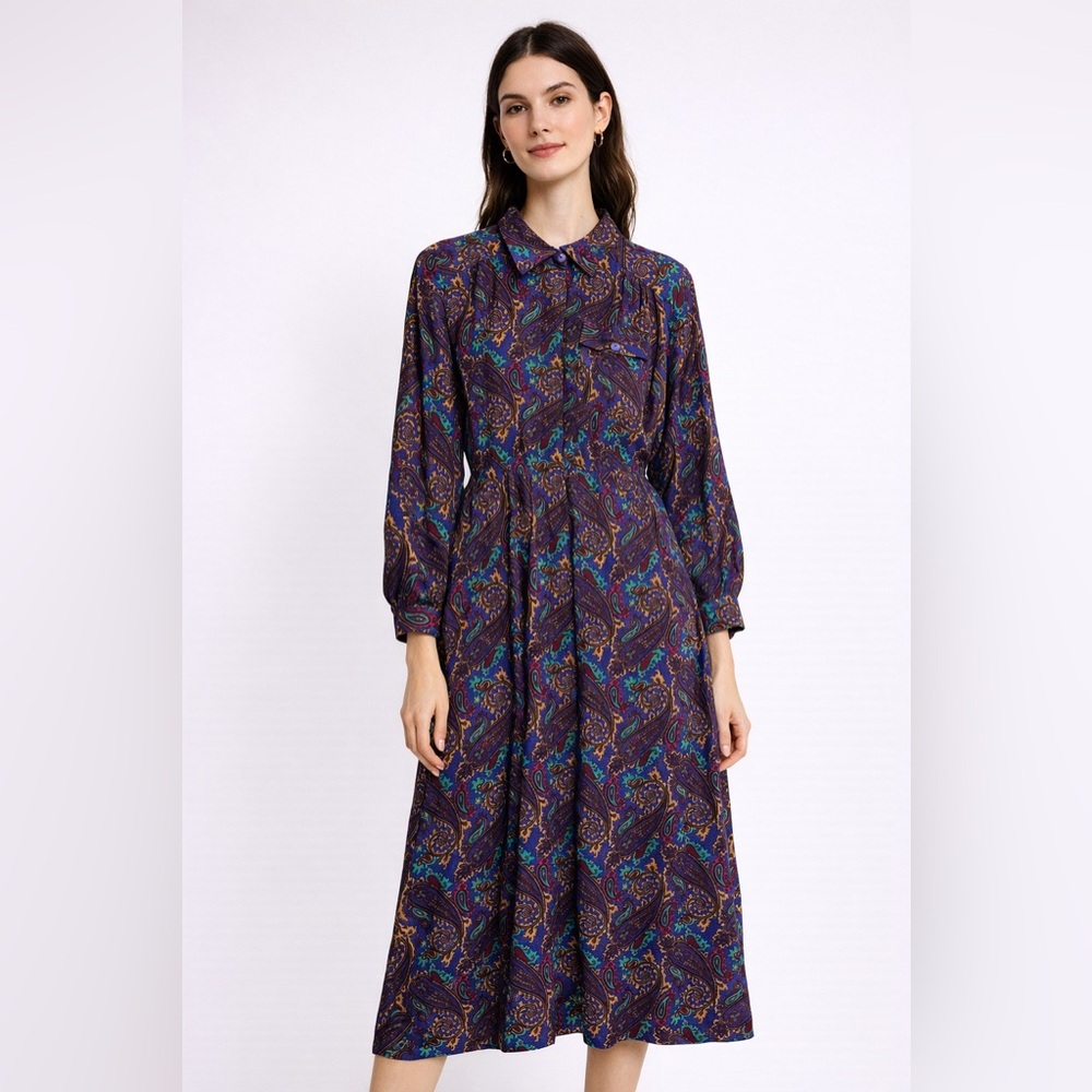 Vintage 80’s Raoul Large Retro Bold Colorful Paisley Collared Midi Dress Western - Picture 2 of 13